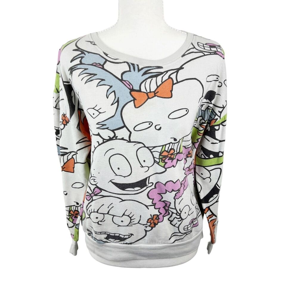 Nickelodeon Rugrats Sweater Women Large Cream Character Print Pullover Crew Neck